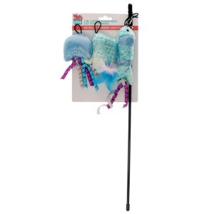 KITTY PLAY 3-IN-1 INTERCHANGABLE CAT TEASER WAND METQALLIC SPARKLE SEASIDE CRITTERS 46CM